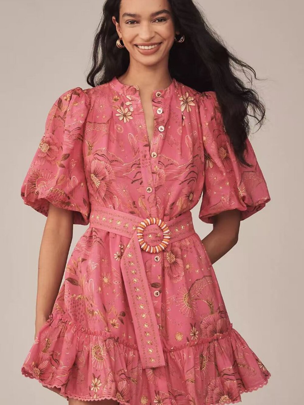 NWT Farm Rio x Anthropologie Beaded Belt Puff Sleeve Pink Mini Dress Sz SP